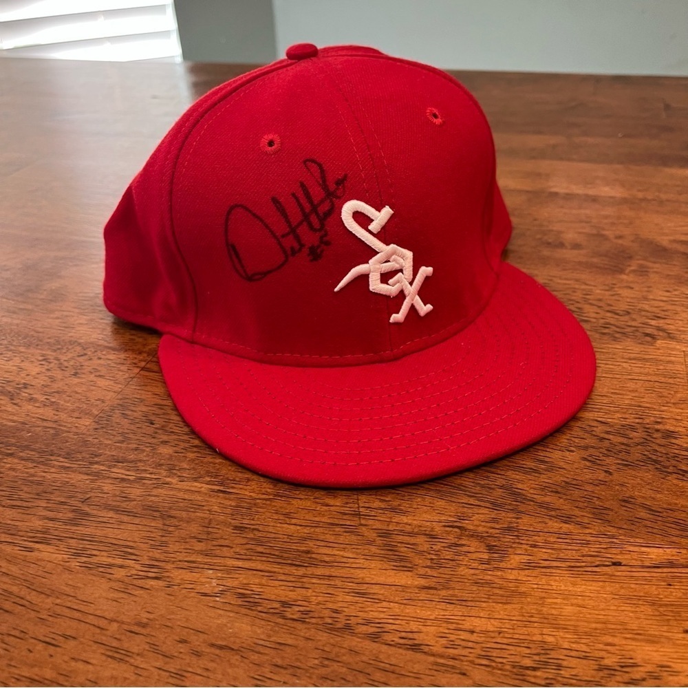 New Era Red Kids Cap with White Logo Sox Autographed Orlando Hudson size 7 3/8
